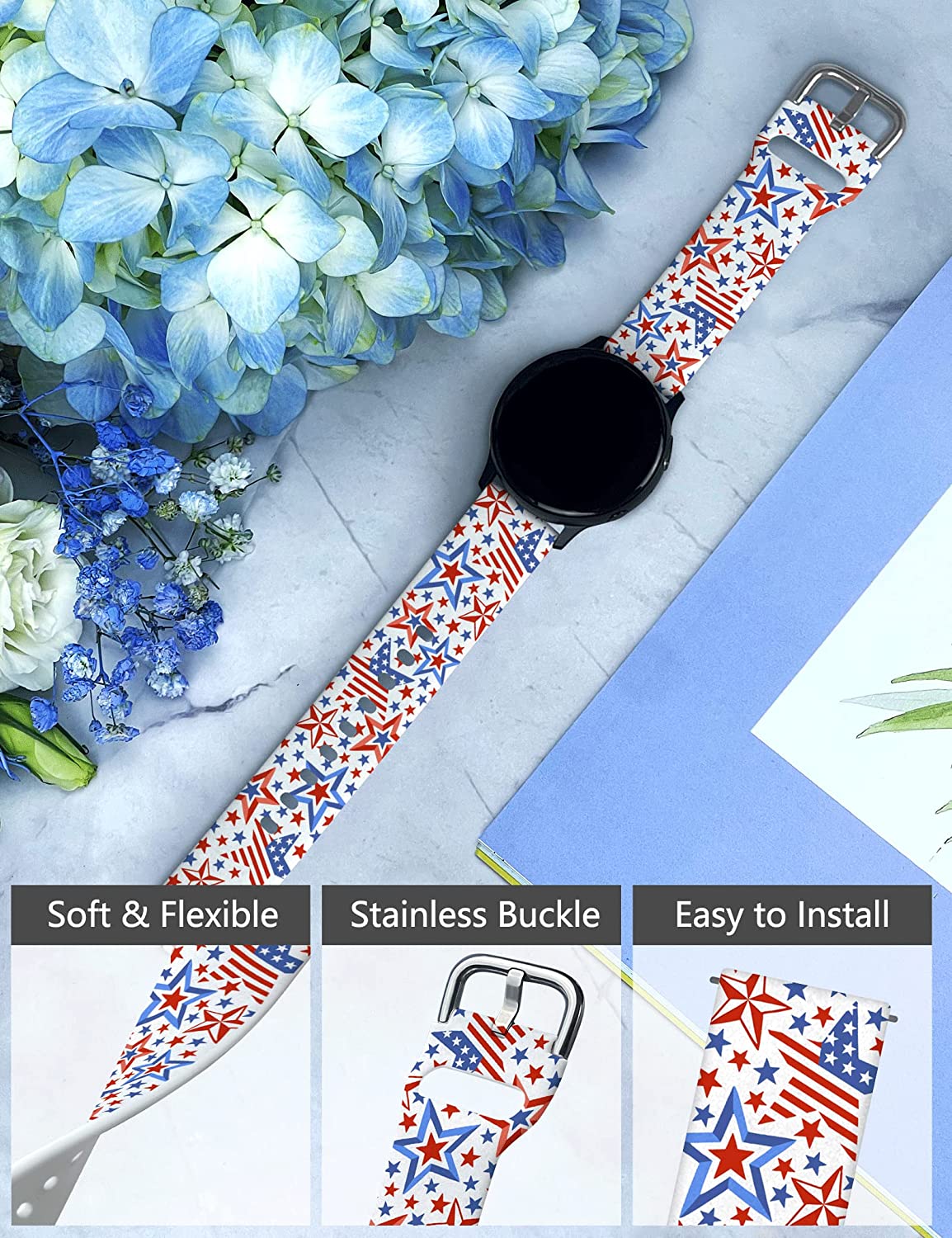 TOXXU Holiday Watch Band 20mm Compatible with Samsung Galaxy Watch 5/ Watch 5 Pro / Watch 4/ Watch 4 Classic/ Watch 3/ Watch Active 2/ Watch Active/ Watch for Women men, Festival Cute Pattern Silicone Printed Replacement Strap - Image 3